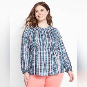 Lane Brant Blue Gingham No Peek Button Front Waist Detail Blouse Women's Size 3X